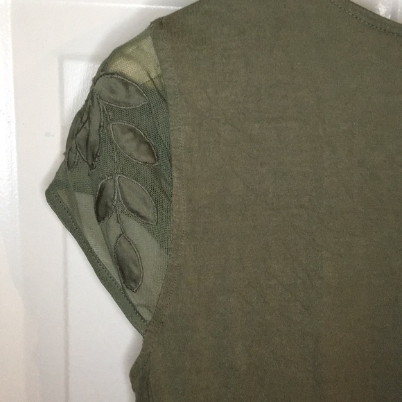 H&M Olive Green Mesh Embroidered Leaves Cap Sleeve Top Army Green Blouse Lace - Picture 6 of 7